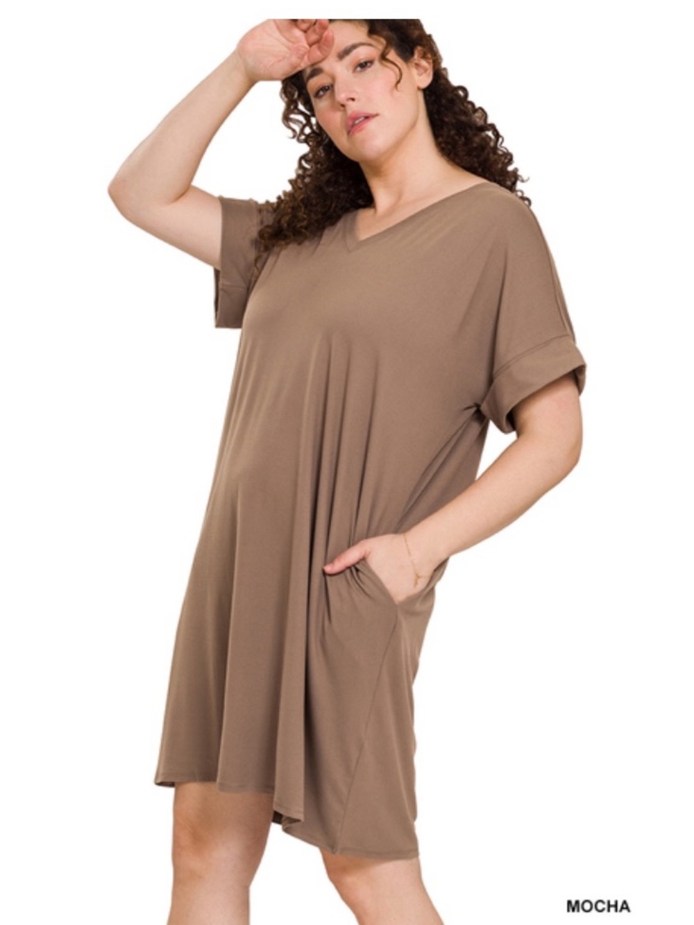 311-MOCHA ❤️ 1X - 3X Zenana BUTTERY SOFT BRUSHED DTY V-NECK DRESS